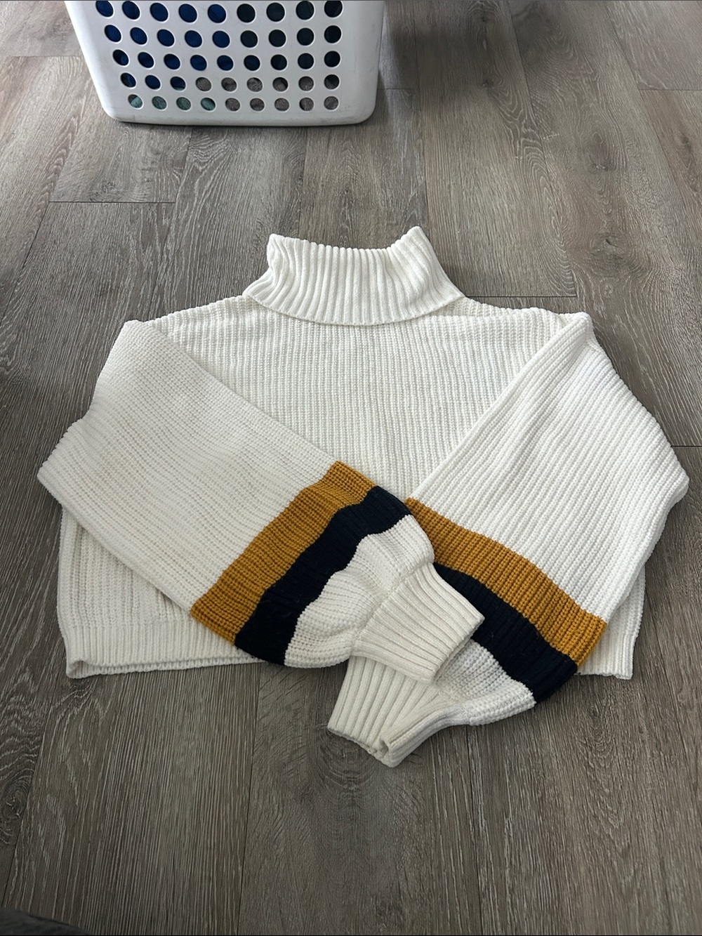 GB girls Cream Cropped Turtleneck Sweater with Mustard & Navy Sleeve Stripes